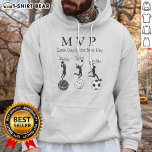 Hot MVP Game Day Is The Best Day Swish Spike Coal Hoodie displayed on a hanger, showcasing its unique design.