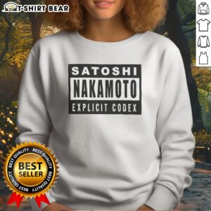 Pretty Satoshi Nakamoto Explicit Codex Bitcoin Cryptocurrency White Graphic Sweatshirt showcasing a unique design.