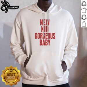 Premium John Mulaney New Kid Gorgeous Baby Red Text Hoodie displayed in a cozy setting