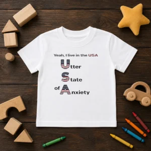 Official Yeah I Live In The USA Utter State Of Anxiety kids t shirt in bright blue, short-sleeve cotton tee for children