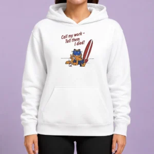 Good Orange Cat Relaxing At The Beach Call My Work Tell Them I Died Hoodie in vibrant orange with front pocket and drawstring hood