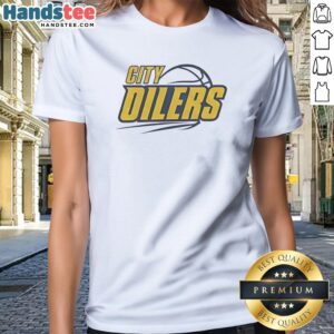 Premium City Oilers Basketball Logo Design For Sports Fan Apparel T Shirt For The Team Shirt displayed on a hanger