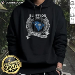 Official Blluffton Its Where My Story Begins Hoodie in dark gray, front view with drawstrings and kangaroo pocket
