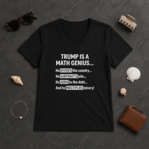 Top Trump Is A Math Genius He Divides The Country He Subtracts Jobs V Neck Shirt in white, soft fabric with short sleeves