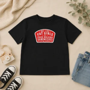 Nice We Like Fat Girls And Fried Bologna Sandwiches On My Momma Patch kids t shirt with colorful graphic on front