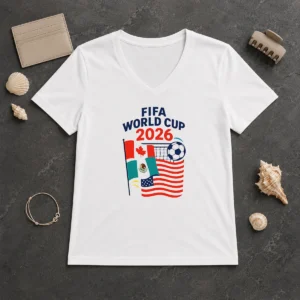 Awesome FIFA World Cup 2026 Canada Mexico United States Soccer V Neck Shirt in white with colorful logo print