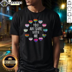 Top You Are Safe With Me Pride Month shirt featuring colorful pride text on a comfortable cotton tee