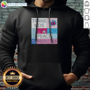 Nice Trans Kids Deserve Joy Peace Protection Hoodie in light blue, featuring bold supportive text on the front