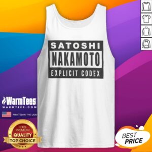Satoshi Nakamoto Explicit Codex Bitcoin Cryptocurrency White Graphic tank top showcasing a bold design.