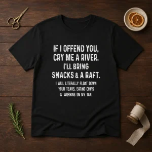 Pretty If I Offend You Cry Me A River Snacks And A Raft t shirt in black with bold white text design