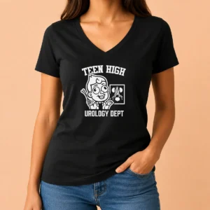 Funny Teen High Urology Dept Cartoon Doctor V Neck Shirt featuring a playful cartoon doctor graphic on a comfortable V neck garment
