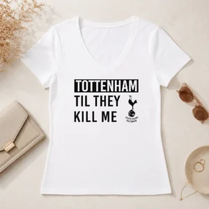 Official Tottenham Til They Kill Me V Neck Shirt in navy blue with white graphic print