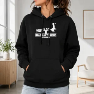 Happy Funny God Is An Imaginary Friend For Grownups Hoodie in charcoal gray, front view with kangaroo pocket and drawstring hood