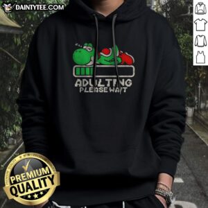 Top Yoshi Super Adulting Please Wait Loading Hoodie in dark gray, displayed front view with bold text design