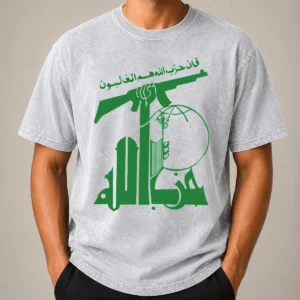Funny Flag Of Hezbollah Washed T Shirt showing a soft, vintage-style washed fabric with the printed graphic