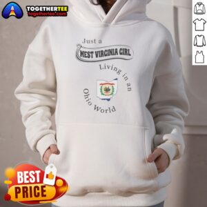 Hot Just A West Virginia Girl Living In An Ohio World State Map Hoodie in black, featuring a state map graphic on a comfortable pullover hoodie