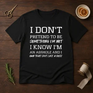 Pretty I Don'T Pretend To Be Something I'M Not I Know I'M An Asshole And I Own That Shit Like A Boss graphic t shirt in black, front view