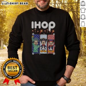 Official Ihop Mickey Mouse Statue Of Liberty Patriot Independence Day Sweatshirt in navy blue, featuring a bold graphic on the front