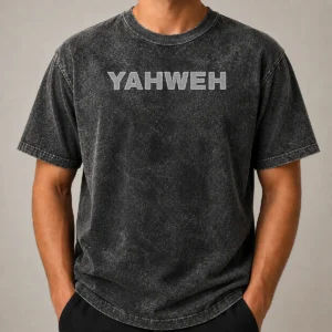 Original Yahweh Minimalist Logo printed on a soft washed t shirt in a neutral color, front view