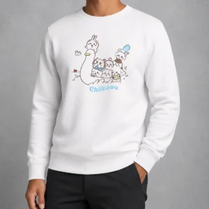 Pretty Chiikawa characters and duck friend illustration featured on a cozy sweater in soft fabric