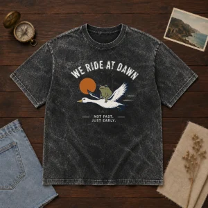 Awesome We Ride At Dawn Not Fast Just Early Duck Frog Washed T Shirt in soft cotton fabric with vintage wash