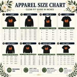 Size chart for Original Wu Tang Clan X New York Knicks Logo with measurements in inches and cm