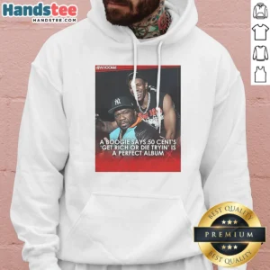 Awesome A Boogie Calls 50 Cent Get Rich Or Die Tryin A Perfect Album Hoodie in black, featuring front graphic print and drawstring hood