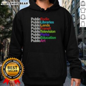 Premium Public Libraries Radio Transit Parks Graphic Hoodie displayed on a neutral background, showcasing vibrant design.