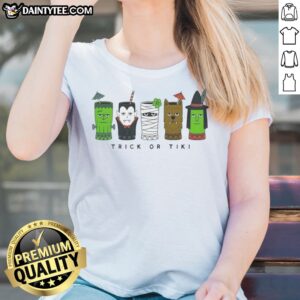 Nice Trick Or Tikifrankenstein Vampire Mummy Werewolf Witch Monster Glasses Ladies Shirt featuring spooky designs