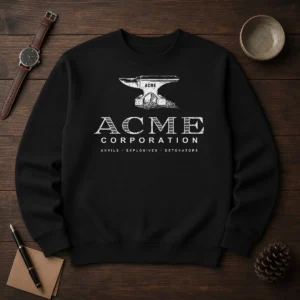 Premium ACME Corporation Anvils Explosives Detonators cozy crewneck sweater in dark gray with bold logo print