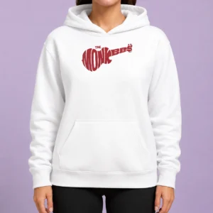 Top The Monkees Guitar Logo Hoodie in black with front graphic print, comfortable pullover style with drawstring hood