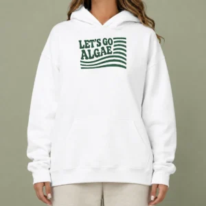 Original Lets Go Algae Reflecting Pool Green Again Liberal Protest Team Algae hoodie in green color, front view with drawstring hood and kangaroo pocket