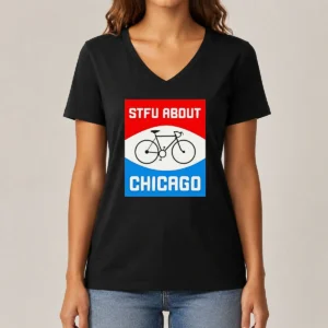 Pretty Stfu About Chicago Cycling Enthusiast Bicycle Lifestyle V Neck Shirt in charcoal grey, lightweight fabric with a comfortable fit