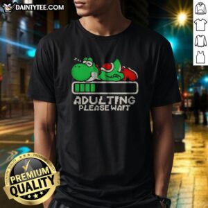 Top Yoshi Super Adulting Please Wait Loading Shirt in soft cotton fabric with bold graphic print on front