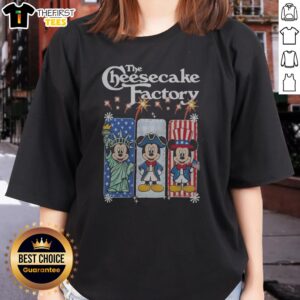 Official The Cheesecake Factory Mickey Mouse USA Patriotic Fireworks Ladies Shirt featuring vibrant patriotic graphics on a comfortable fit