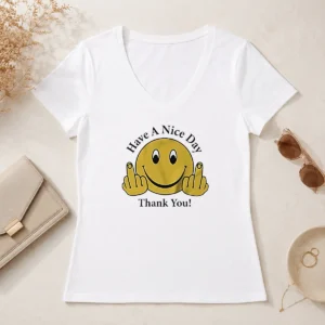 Original Smiley Face Have A Nice Day Thank You V Neck Shirt in white, front view with short sleeves