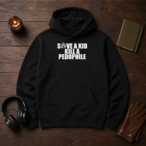 Good Save A Kid Kill A Pedophile Anarchy Symbol Message Hoodie in black, front view with bold graphic print