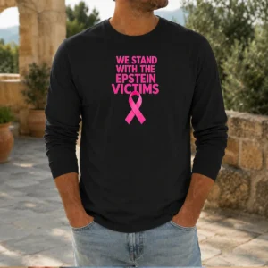Original We Stand With The Epstein Victims Pink Ribbon Long Sleeve Shirt in pink with ribbon graphic on front