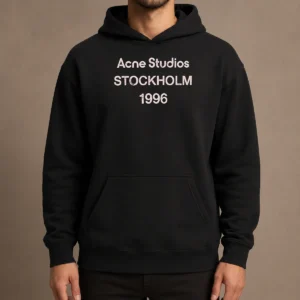 Funny Acne Studios Stockholm 1996 Hoodie in charcoal gray with front pocket and adjustable drawstring hood