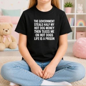 Good The Government Steals Half My Hot Dog Money Life Is A Prison Kids T Shirt in blue, short sleeve cotton tee for children