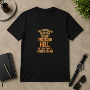 Pretty Premium You Think I Care About WHO Does Not Like Me Hell My Own Family Does Not Like V Neck Shirt in black, soft fabric with short sleeves