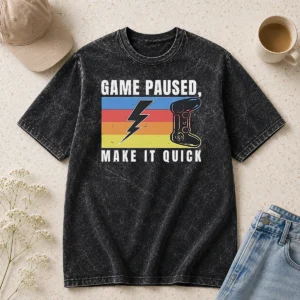 Good Awesome Game Paused Make It Quick washed t shirt in light grey with round neckline and short sleeves