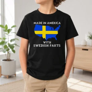 Pretty Official Made In America With Swedish Parts Map Of United States Flag Kids T Shirt in vibrant colors on a child-sized tee