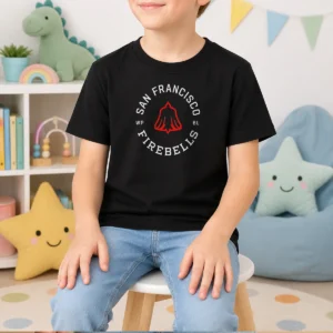 Official San Francisco Firebells WP BL Badge Kids T Shirt in bright red, featuring a classic crew neck and short sleeves