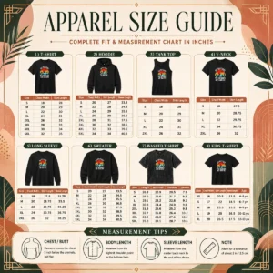 Size chart for Pretty Go Outside Retro Mountain Sunset with measurements in inches and cm