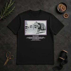 Awesome Marvin Heemeyer Killdozer Komatsu D355A Granby Colorado 2004 Muffler t shirt in black cotton short sleeve