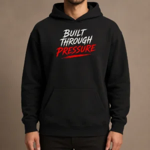 Funny Built Through Pressure Hoodie in charcoal gray, featuring bold white text on front, displayed on a mannequin