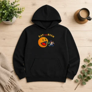 Top Pac Man Eat The Rich Hoodie in black, front view with bold graphic print