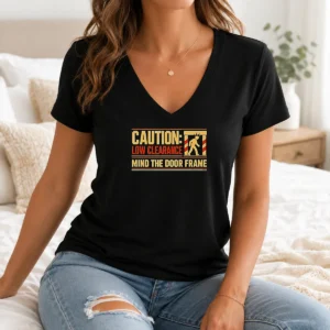 Pretty Premium Caution Low Clearance Mind The Door Frame V Neck Shirt in charcoal gray with bold caution print