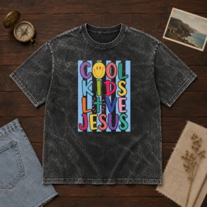 Top Cool Kids Love Jesus Washed T Shirt in soft faded fabric with short sleeves and crew neck